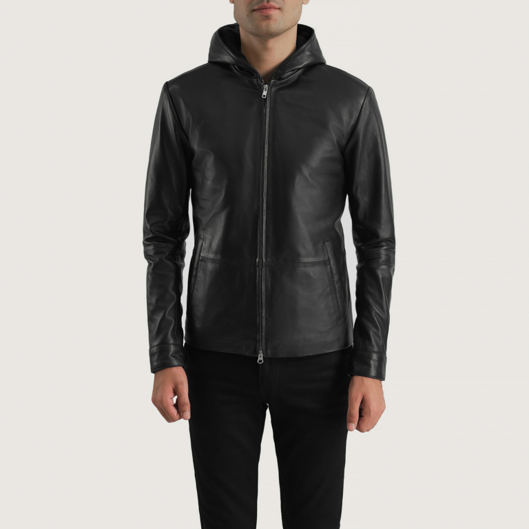 Mens Andy Matte Black Hooded Leather Jacket Close Front-5-1700228491926